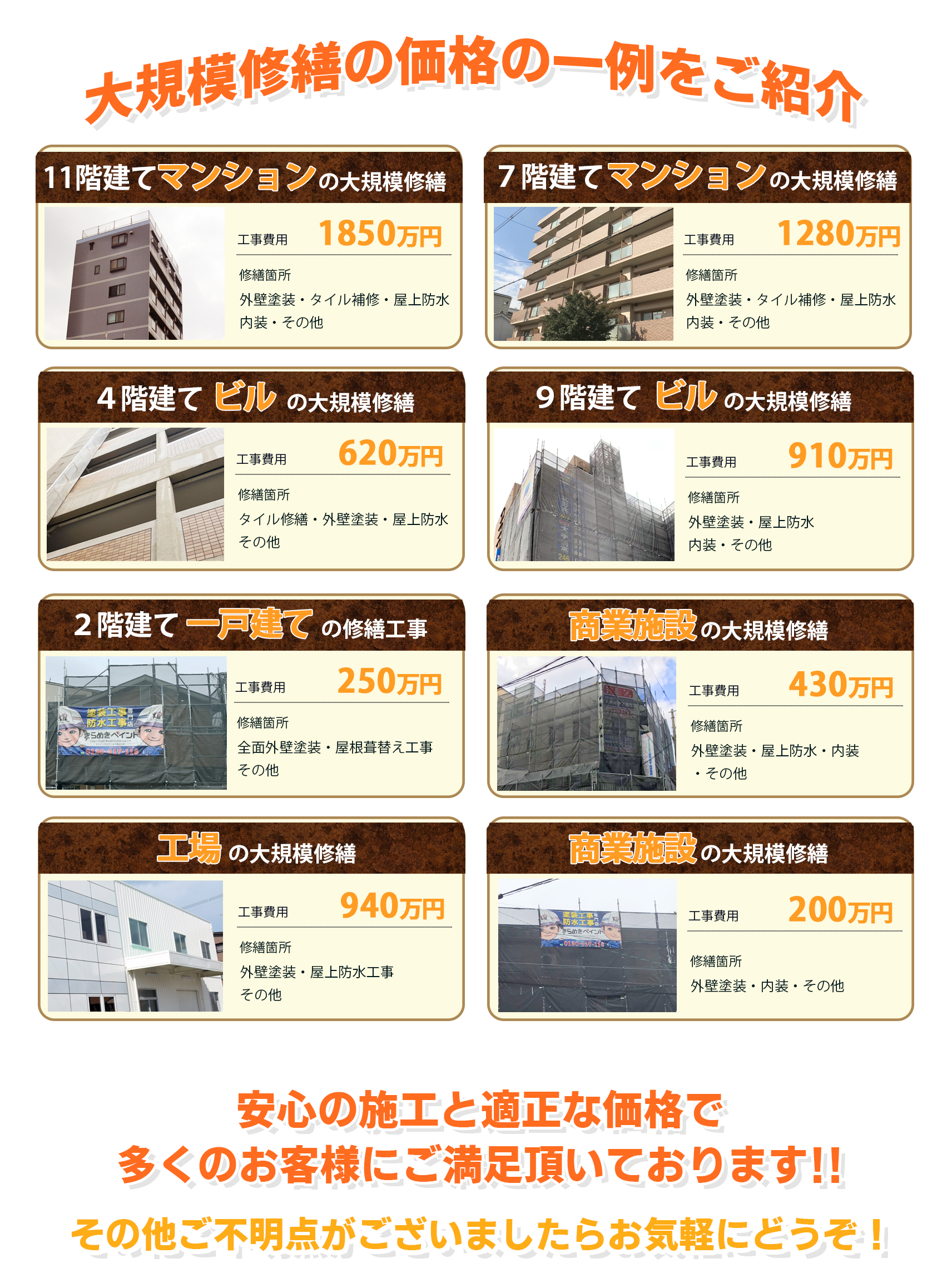 マンション ビル 工場 戸建てなどの適正価格の工事品質 小さな工事もお気軽にお問い合わせくださいませ